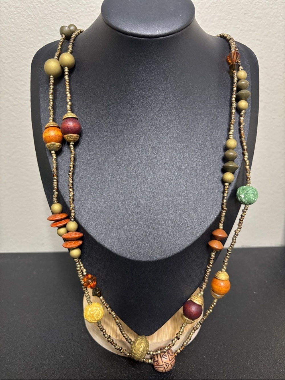 Vintage Wood Boho Long Layered Carved Beads Necklace Resort